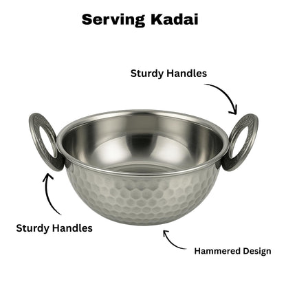 GURUBHAI EQUIPMENTS Stainless Steel Hammered Kadai Set of 6 | Double-Layer Insulated Serving Kadai for Restaurants & Home | Curry Gravy Serveware