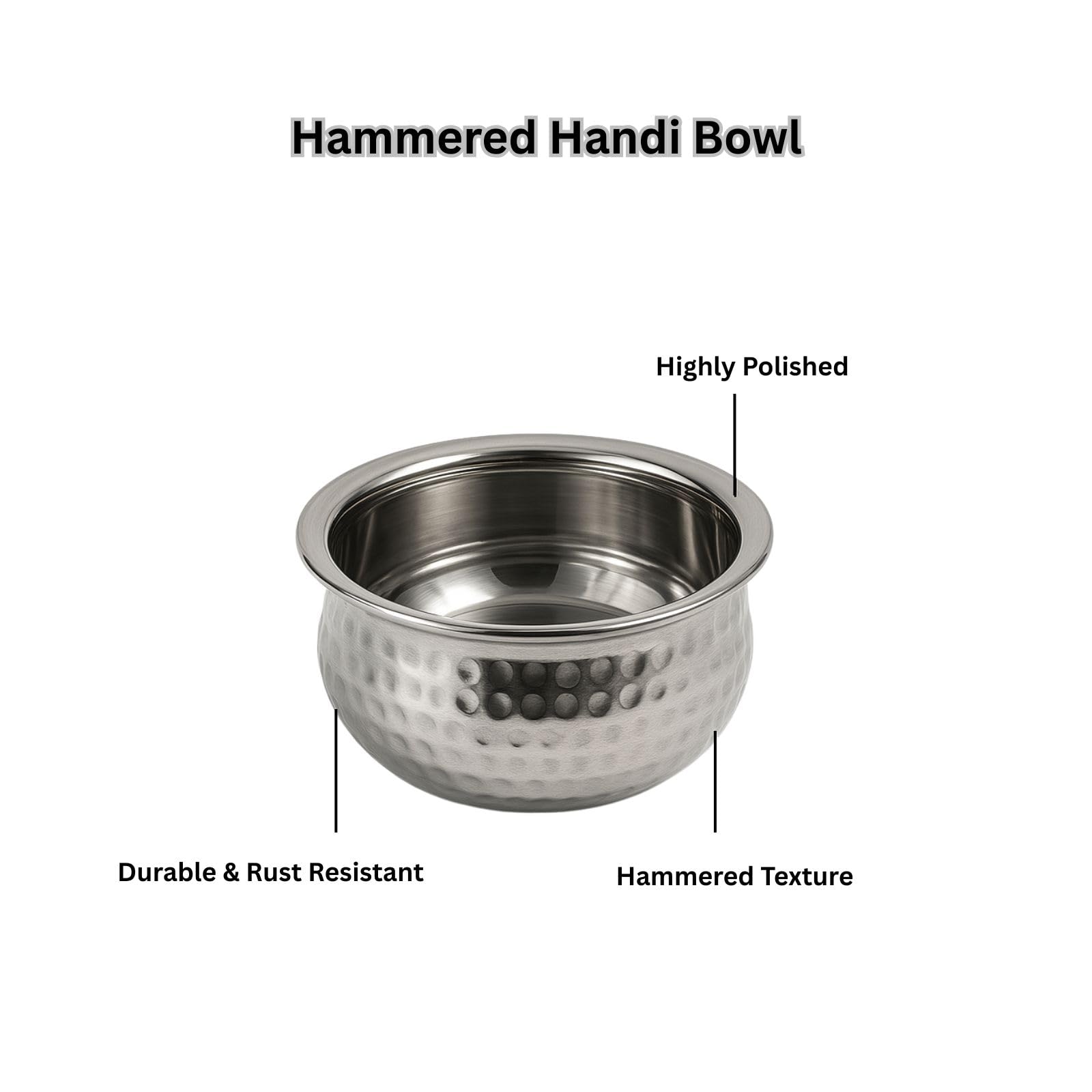 GURUBHAI EQUIPMENTS Stainless Steel Hammered Double-Layer Insulated Handi Set of 6-350ml Serving Bowls for Curry, Soup & Gravies - Premium Buffet & Restaurant Serveware