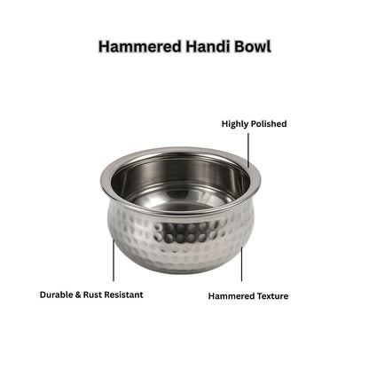 GURUBHAI EQUIPMENTS Stainless Steel Hammered Double-Layer Insulated Handi Set of 6-350ml Serving Bowls for Curry, Soup & Gravies - Premium Buffet & Restaurant Serveware