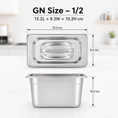 GURUBHAI EQUIPMENTS Gn Pan Food Container 1/2 100mm (4" Deep) Stainless Steel Gastronorm Pan with Lid-(Set of 1) – Easy-to-Clean Food Storage Solution for Commercial Kitchens, Catering use