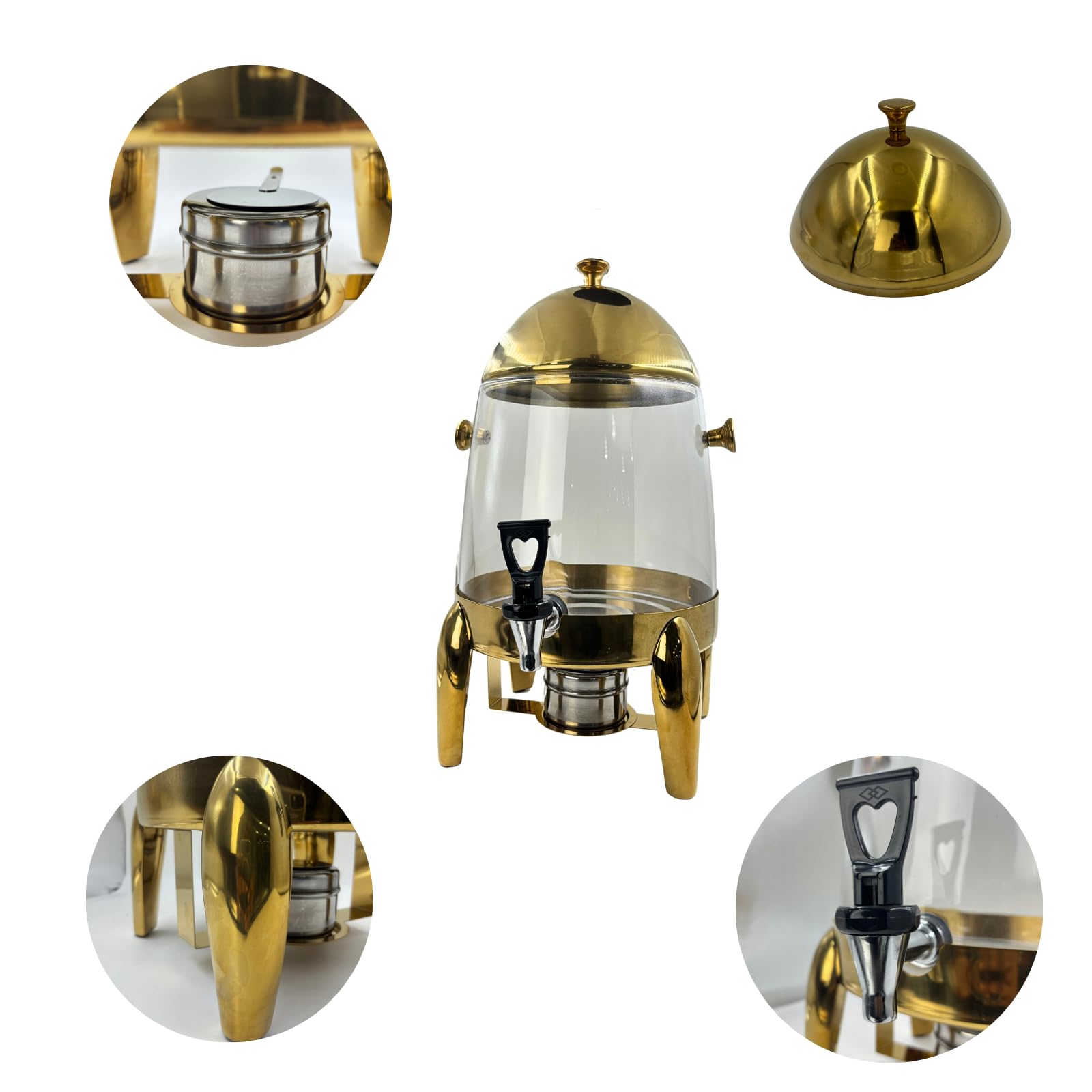 Gurubhai Equipments 10L Glass Beverage Dispenser with Gold Stand – Tea, Coffee & Juice Dispenser with Dome Lid | Decorative Drink Dispenser for Parties, Buffets, Catering & Events