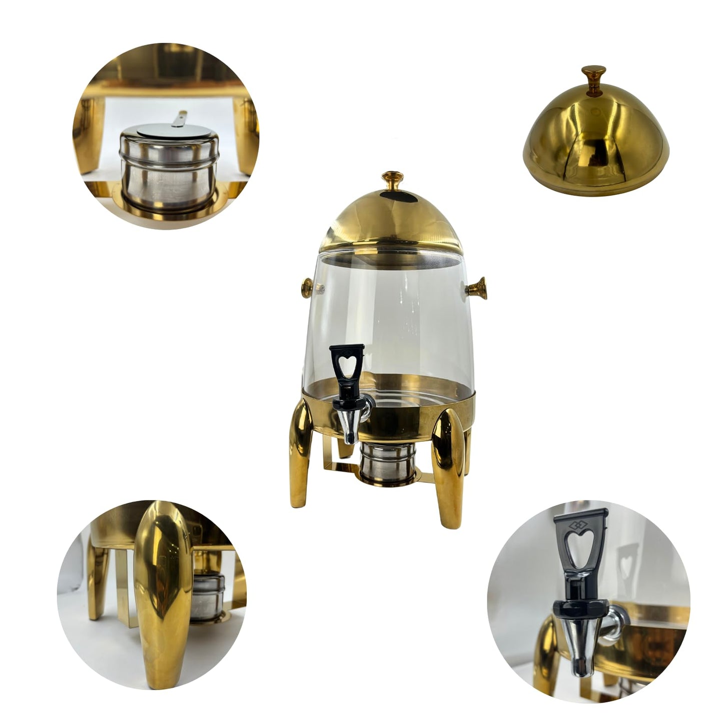 Gurubhai Equipments 10L Glass Beverage Dispenser with Gold Stand – Tea, Coffee & Juice Dispenser with Dome Lid | Decorative Drink Dispenser for Parties, Buffets, Catering & Events