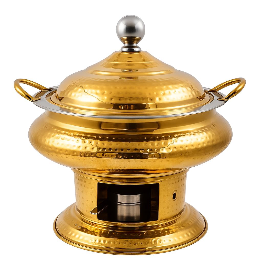 Gurubhai Equipments Premium Gold Finish Chafing Dish with Lid – Round Buffet Food Warmer with Fuel Burner | Elegant Hot Serving Chafer for Catering, Hotel, Restaurant & Party Use