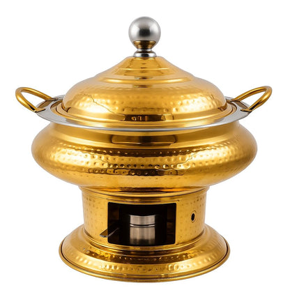 Gurubhai Equipments Premium Gold Finish Chafing Dish with Lid – Round Buffet Food Warmer with Fuel Burner | Elegant Hot Serving Chafer for Catering, Hotel, Restaurant & Party Use