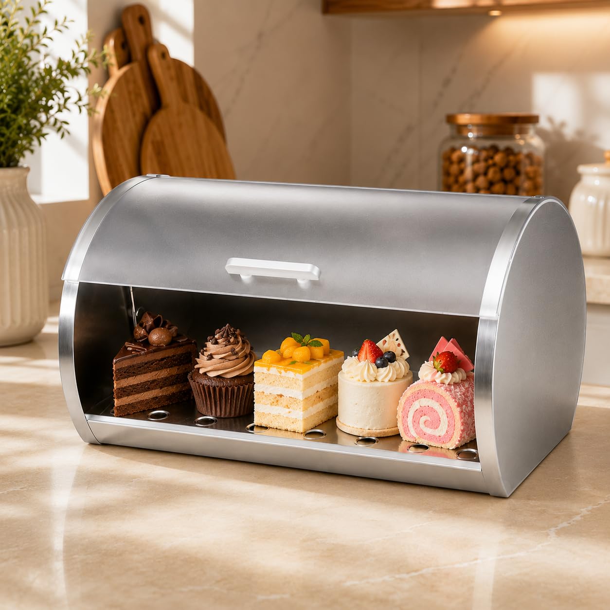 GURUBHAI EQUIPMENTS Roll Top Bread Box for Kitchen Countertop | Large Bread Storage Bin with Smooth Sliding Lid Keeps Bread Fresh | Modern Bread Box for Cafes & Bakeries