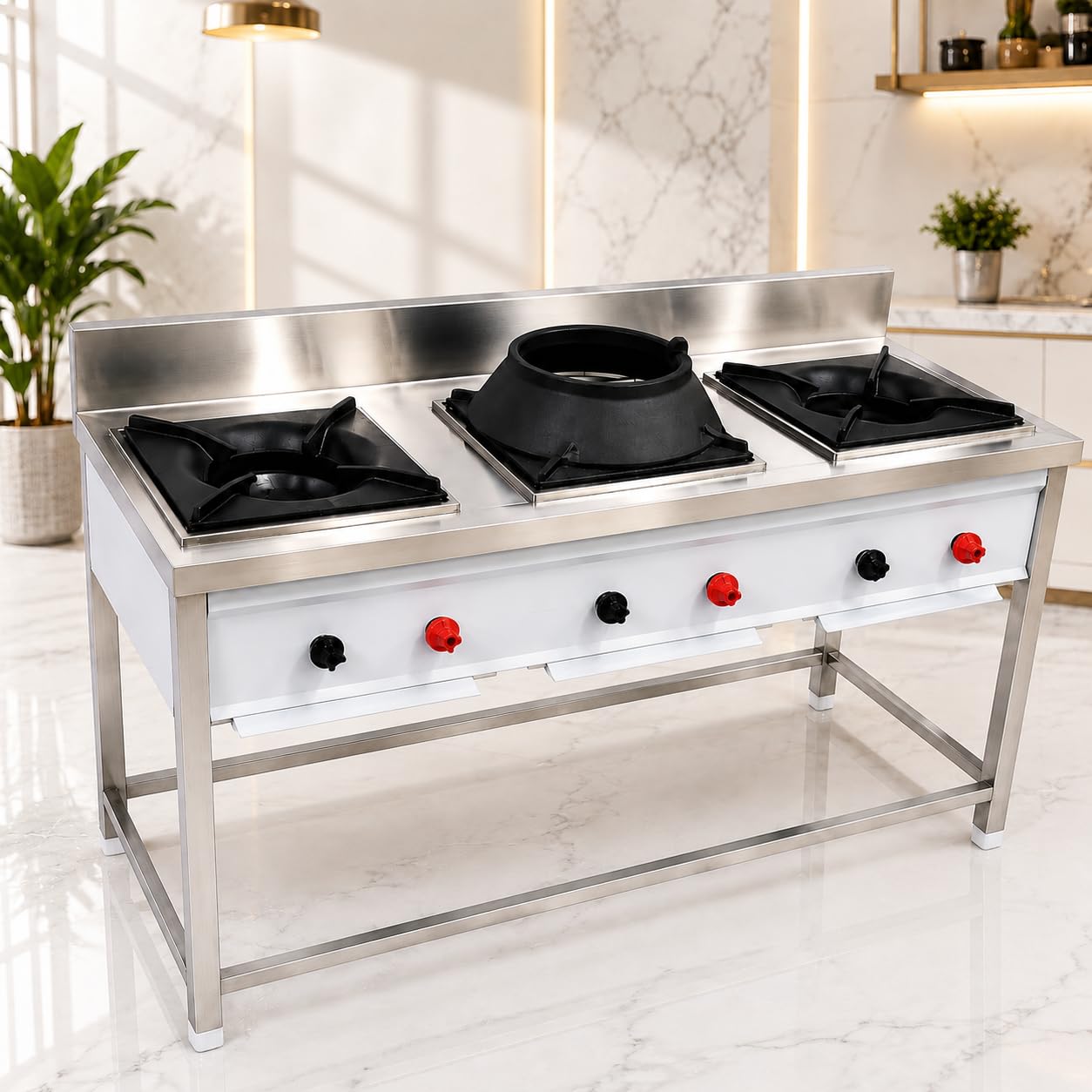 Gurubhai Equipments Stainless Steel Commercial Single Burner Gas Stove Table with Worktop Backsplash & Under Shelf for Hotel Restaurant Kitchen