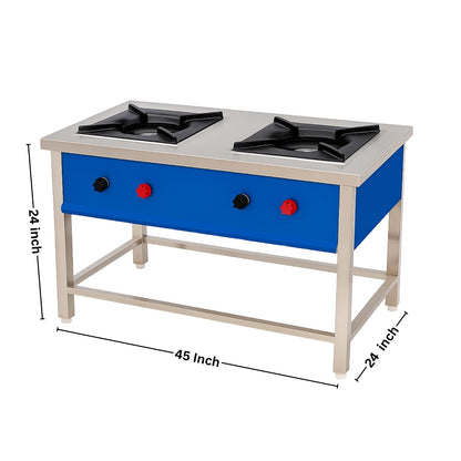 Gurubhai Equipments Stainless Steel Double Burner Bhatti Stove – Heavy-Duty Stock Pot Gas Range with Cast Iron Top & Control Valves | Ideal for Commercial Kitchen, Hotel & Restaurant Use