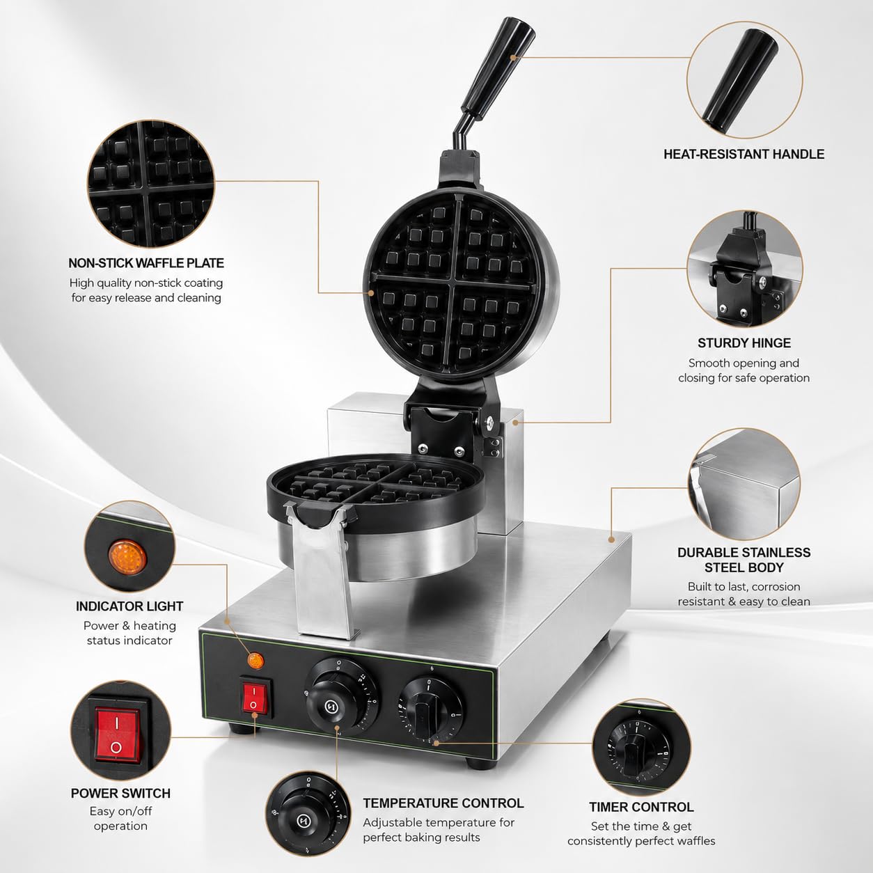 Gurubhai Equipments Round Rotating Waffle Machine, Commercial Electric Belgian Waffle Maker, Rotary Waffle Baker for Cafe Bakery Restaurant
