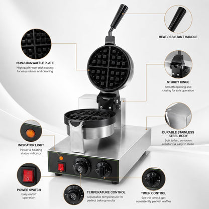 Gurubhai Equipments Round Rotating Waffle Machine, Commercial Electric Belgian Waffle Maker, Rotary Waffle Baker for Cafe Bakery Restaurant