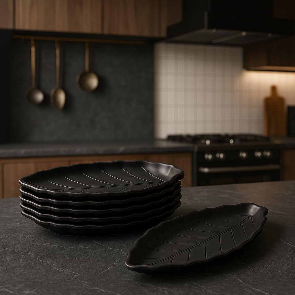 GURUBHAI EQUIPMENTS Leaf-Shaped Melamine Platter Set of 6 | 28cm Decorative Serving Trays for Snacks, Appetizers & Desserts | Matte-Finish Serving Platter for Home, Parties & Restaurants