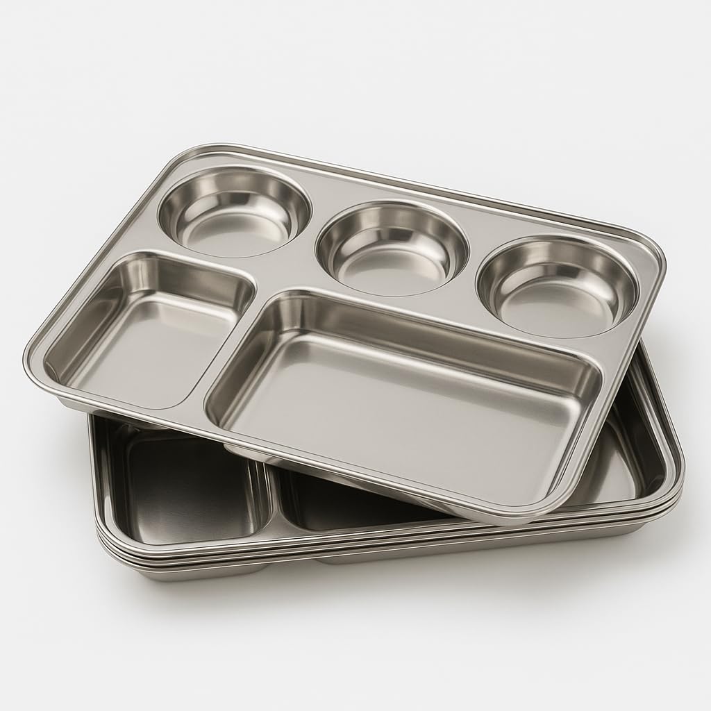 GURUBHAI EQUIPMENTS Stainless Steel 6 Compartment Indian Thali Dinner Plate Set of 6 for Roti, Rice, Dal & Sabzi | Heavy Duty Food-Grade Steel Plates for Home & Restaurant