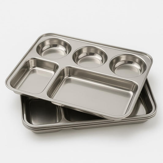 GURUBHAI EQUIPMENTS Stainless Steel 6 Compartment Indian Thali Dinner Plate Set of 6 for Roti, Rice, Dal & Sabzi | Heavy Duty Food-Grade Steel Plates for Home & Restaurant