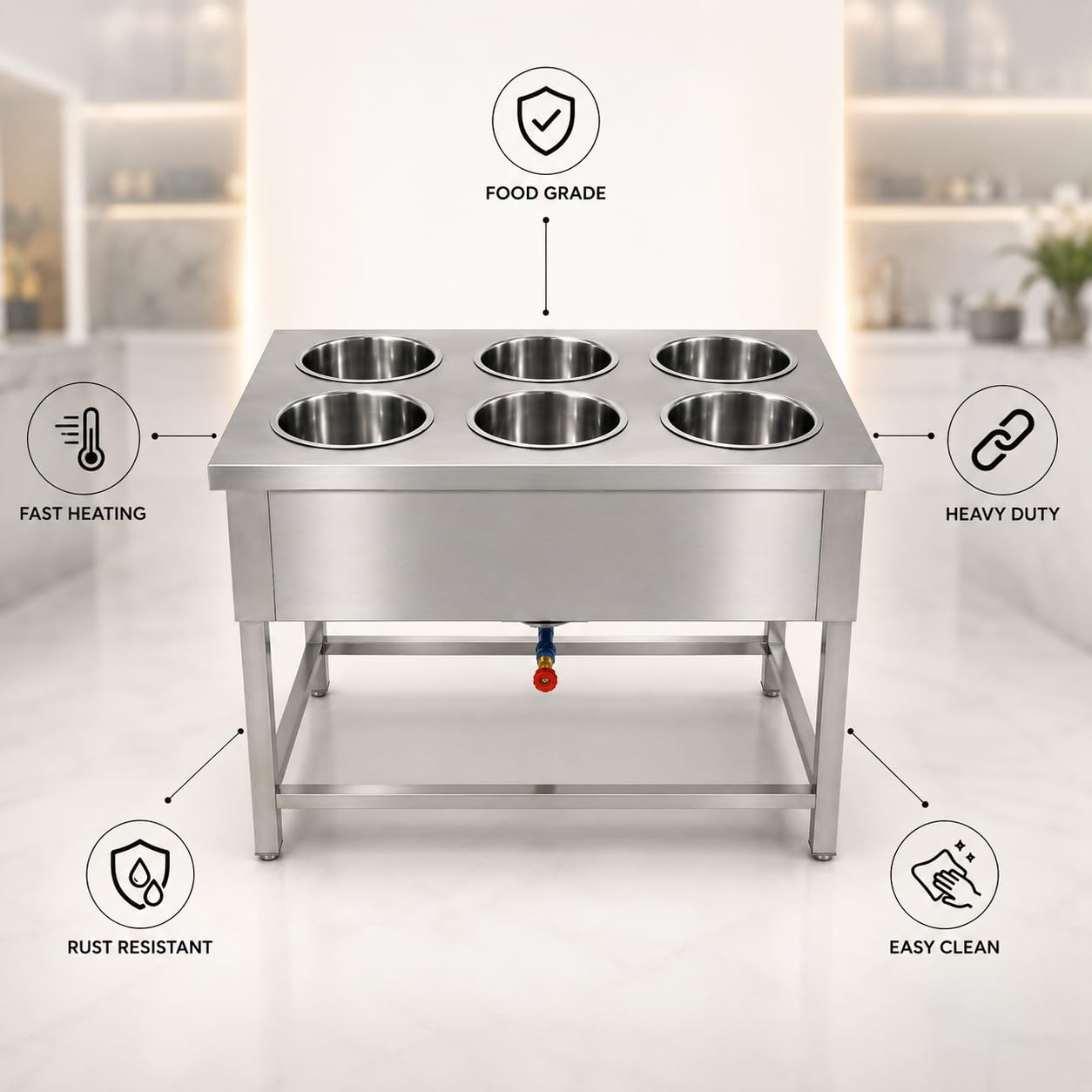 Gurubhai Equipments 6 Pot LPG Gas Bain Marie Commercial Food Warmer Stainless Steel Buffet Serving Counter for Restaurant Catering