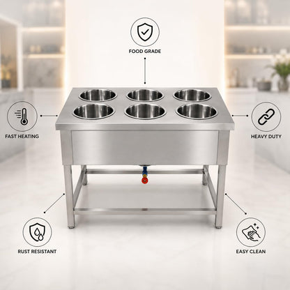 Gurubhai Equipments 6 Pot LPG Gas Bain Marie Commercial Food Warmer Stainless Steel Buffet Serving Counter for Restaurant Catering
