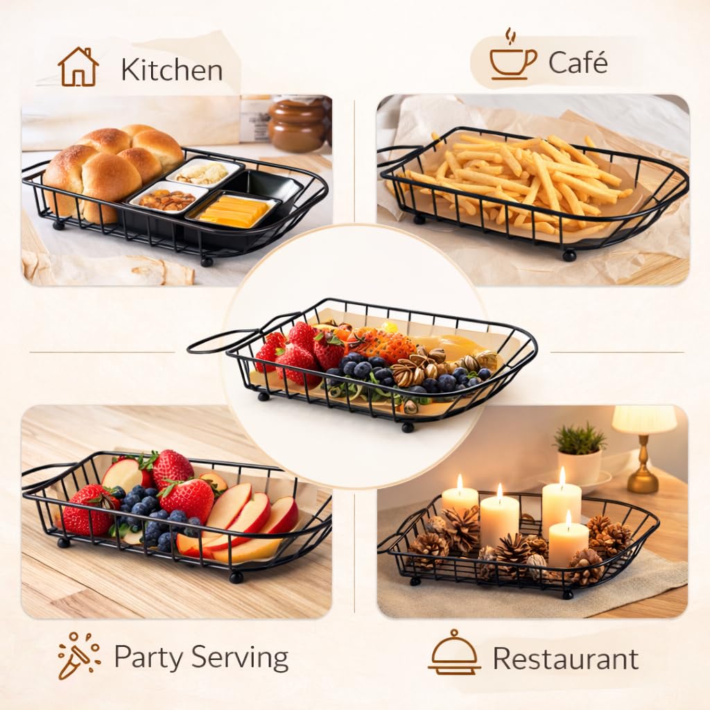 Gurubhai Equipments Metal Wire Serving Basket with Handle | Snack & French Fries Serving Tray | Restaurant Tabletop Bread & Fries Basket for Home, Cafe & Hotel