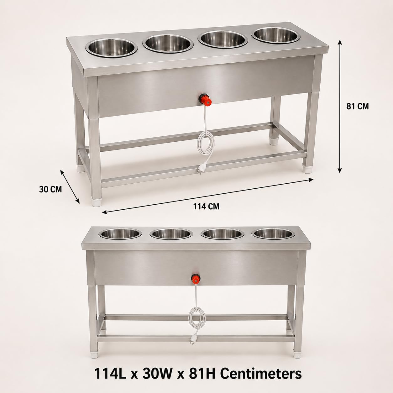 Gurubhai Equipments Long Size 4 Pot Electric Food Warmer Counter Stainless Steel Bain Marie for Buffet Restaurant Hotel