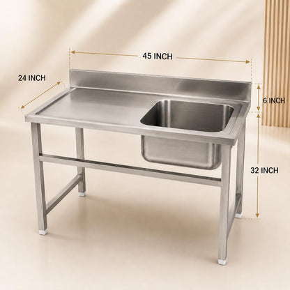Gurubhai Equipments Stainless Steel Sink Table with Right Side Sink & Worktop | Heavy-Duty Commercial Kitchen Sink with Backsplash & Undercounter Space | Ideal for Restaurants, Hotels & Catering Use