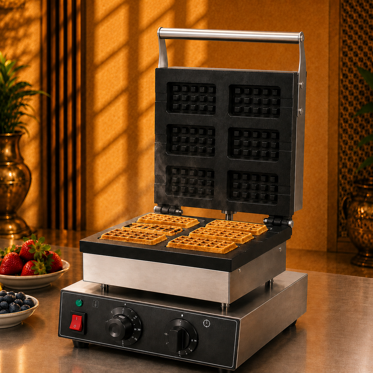 Gurubhai Equipments 6-Piece Rectangular Electric Waffle Maker – In Use