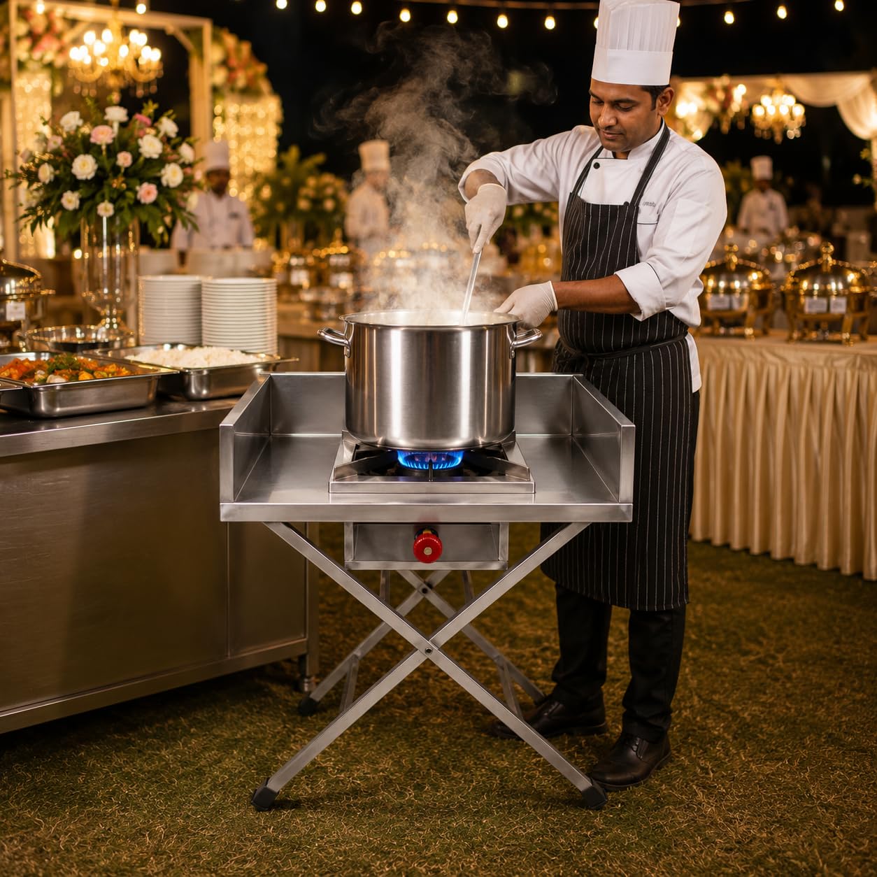 Gurubhai Equipments Stainless Steel Folding Single Burner Gas Stove – Portable Bhatti Range with Side Wall & Control Valve | Ideal for Outdoor Catering, Food Stalls & Commercial Use