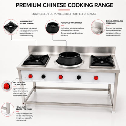 Gurubhai Equipments Stainless Steel Commercial Single Burner Gas Stove Table with Worktop Backsplash & Under Shelf for Hotel Restaurant Kitchen