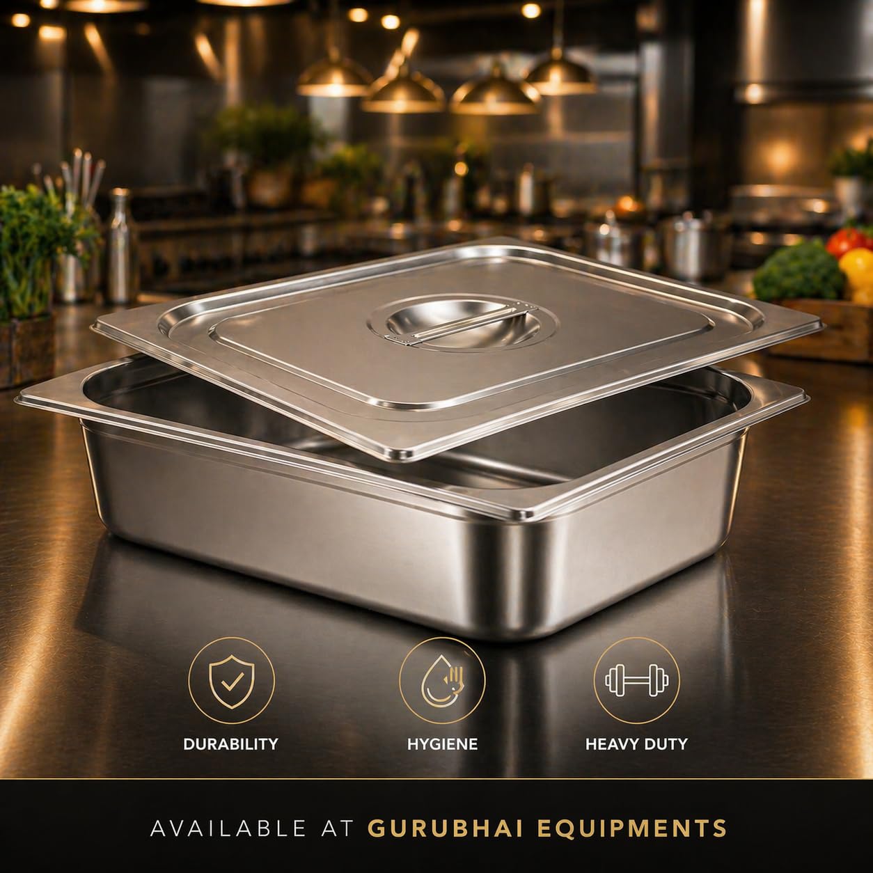 GURUBHAI EQUIPMENTS GN Pan Food Container 1/2 100 mm with lid Stainless Steel Gastronorm Pan with Lid, Easy-to-Clean Food Storage Solution for Commercial Kitchens & Catering Use