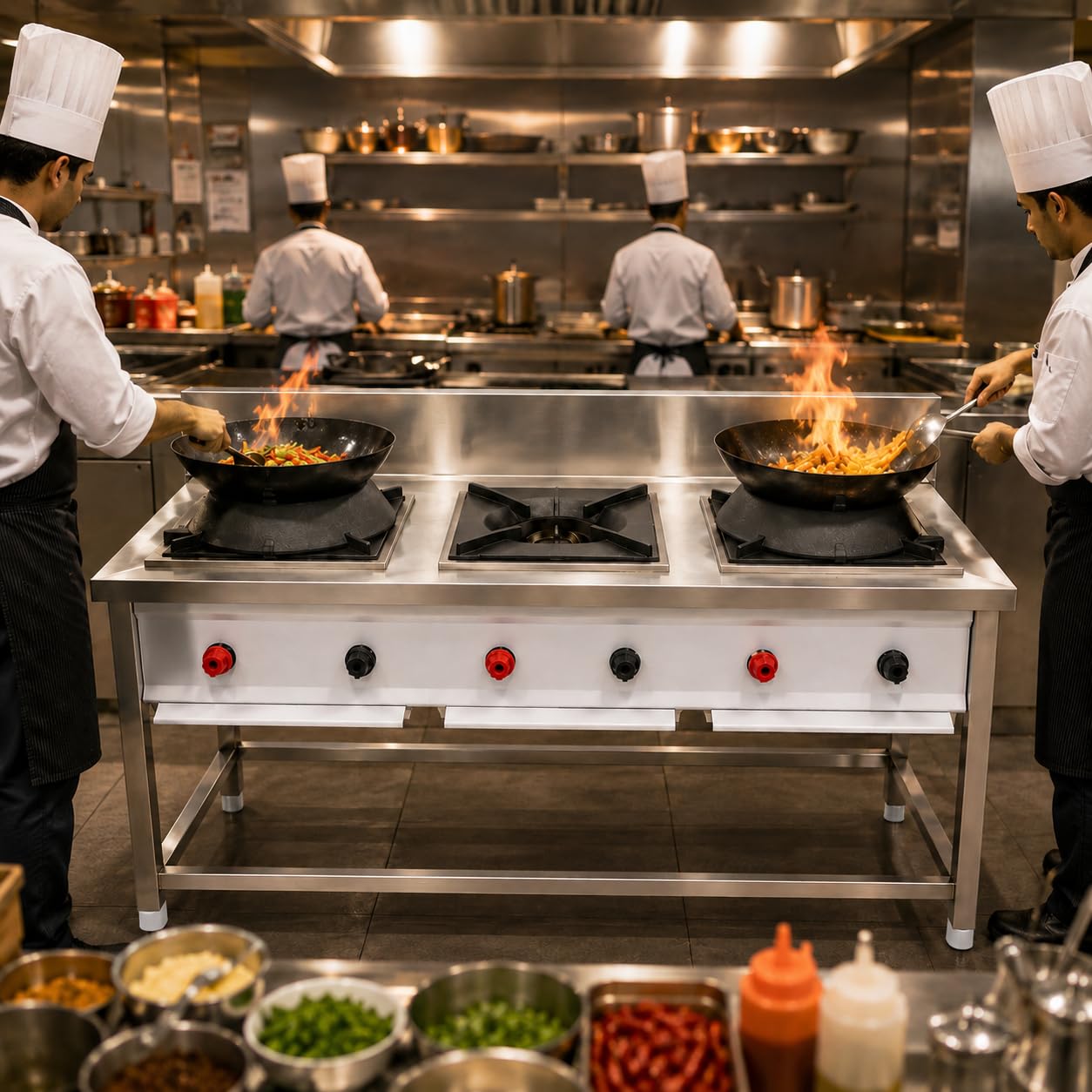 Gurubhai Equipments 3 Burner Commercial Gas Stove with 2 Chinese Burners & 1 Single Burner Stainless Steel Heavy Duty Cooking Range for Restaurants Hotels