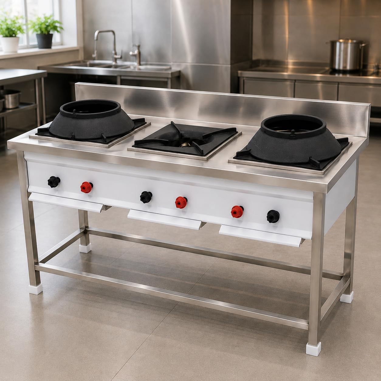 Gurubhai Equipments Stainless Steel Commercial Single Burner Gas Stove Table with Worktop Backsplash & Under Shelf for Hotel Restaurant Kitchen