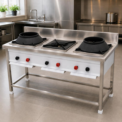 Gurubhai Equipments 3 Burner Commercial Gas Stove with 2 Chinese Burners & 1 Single Burner Stainless Steel Heavy Duty Cooking Range for Restaurants Hotels
