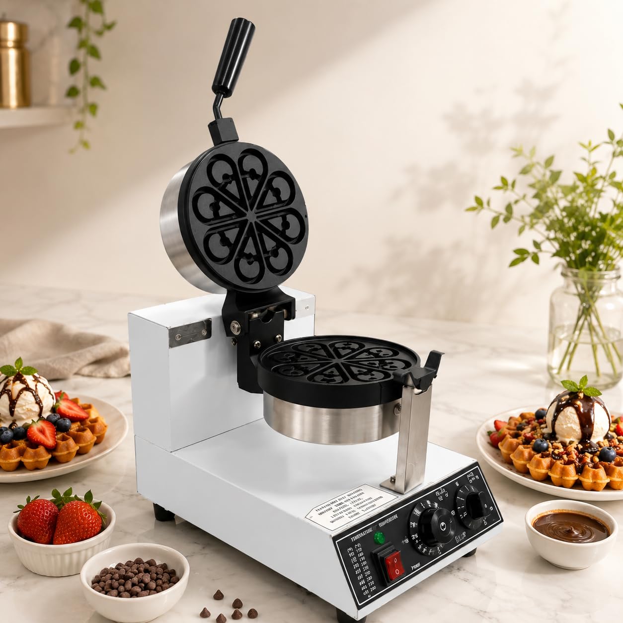 Gurubhai Equipments Droplet Shape Rotary Waffle Maker, Commercial Electric Waffle Machine, Professional Belgian Waffle Baker for Cafe Bakery Restaurant