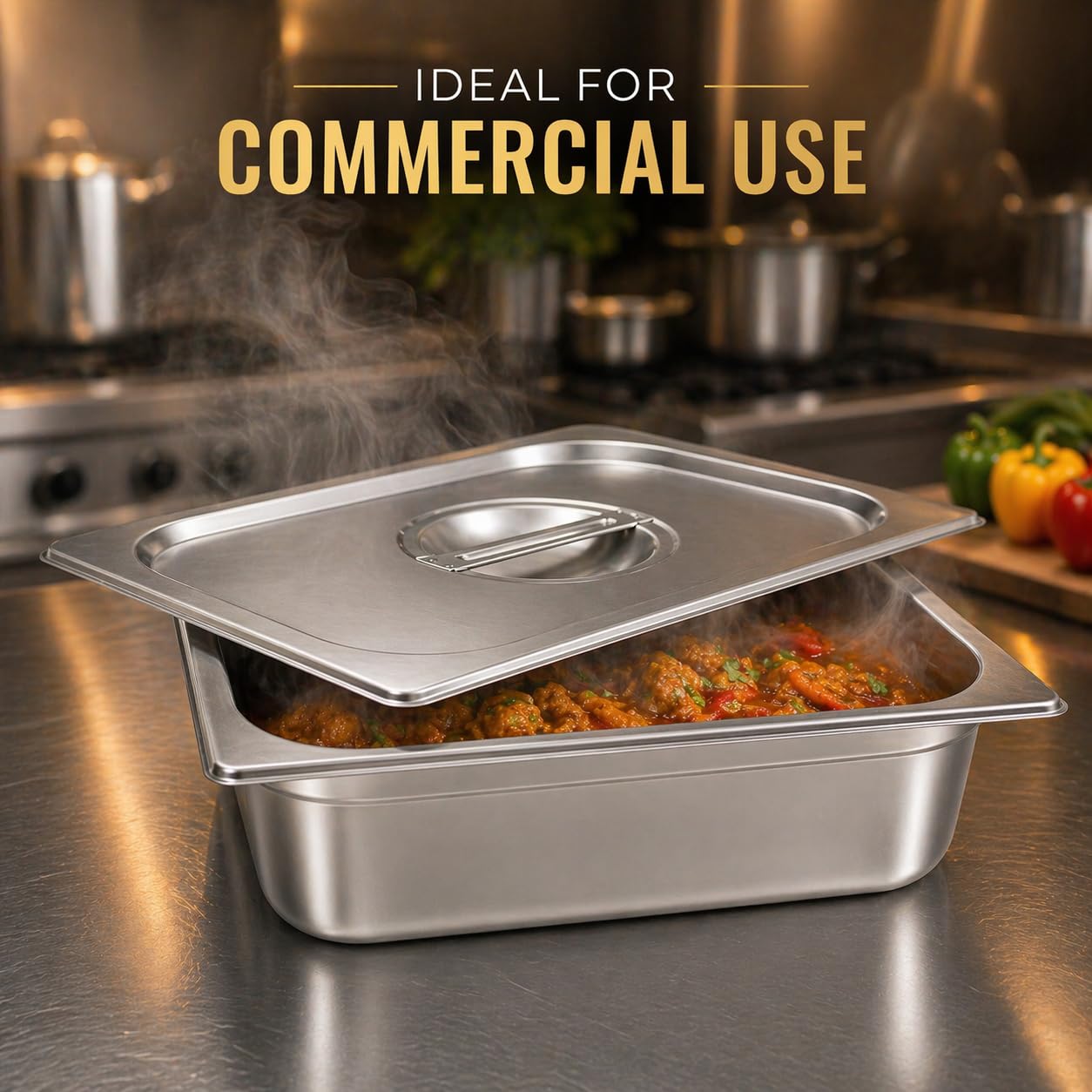 GURUBHAI EQUIPMENTS GN Pan Food Container 1/2 100 mm with lid Stainless Steel Gastronorm Pan with Lid, Easy-to-Clean Food Storage Solution for Commercial Kitchens & Catering Use