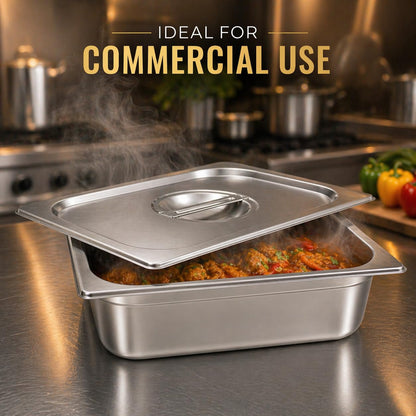 GURUBHAI EQUIPMENTS GN Pan Food Container 1/2 100 mm with lid Stainless Steel Gastronorm Pan with Lid, Easy-to-Clean Food Storage Solution for Commercial Kitchens & Catering Use