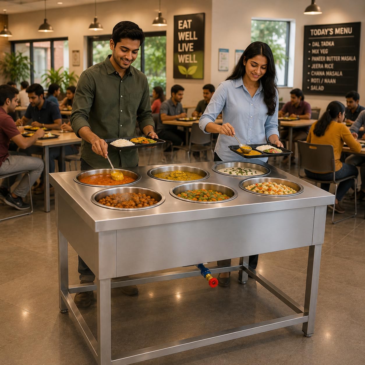 Gurubhai Equipments 6 Pot LPG Gas Bain Marie Commercial Food Warmer Stainless Steel Buffet Serving Counter for Restaurant Catering