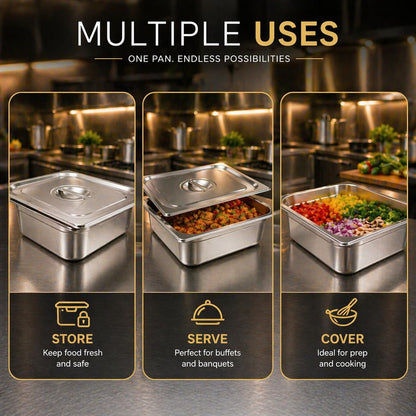 GURUBHAI EQUIPMENTS GN Pan Food Container 1/2 100 mm with lid Stainless Steel Gastronorm Pan with Lid, Easy-to-Clean Food Storage Solution for Commercial Kitchens & Catering Use