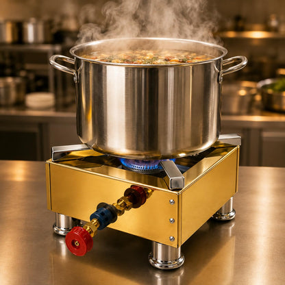 Gurubhai Equipments Square Catering Burner 12x12 Inch LPG Gas Stove Gold Stainless Steel Portable Commercial Stove Heavy Duty Stainless Steel Portable Cooking Burner
