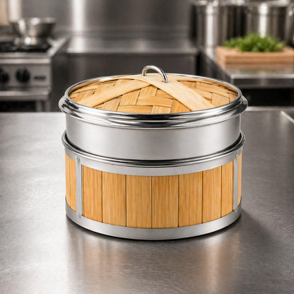 Gurubhai Equipments Bamboo Stainless Steel 16 Cm Steamer Basket with Lid – 1 Tier Round | Traditional Wooden Steamer for Momos, Dim Sum, Dumplings & Vegetables | Eco-Friendly Food Steamer for Healthy Cooking