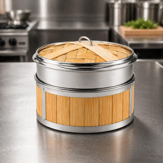 Gurubhai Equipments Bamboo Stainless Steel 16 Cm Steamer Basket with Lid – 1 Tier Round | Traditional Wooden Steamer for Momos, Dim Sum, Dumplings & Vegetables | Eco-Friendly Food Steamer for Healthy Cooking