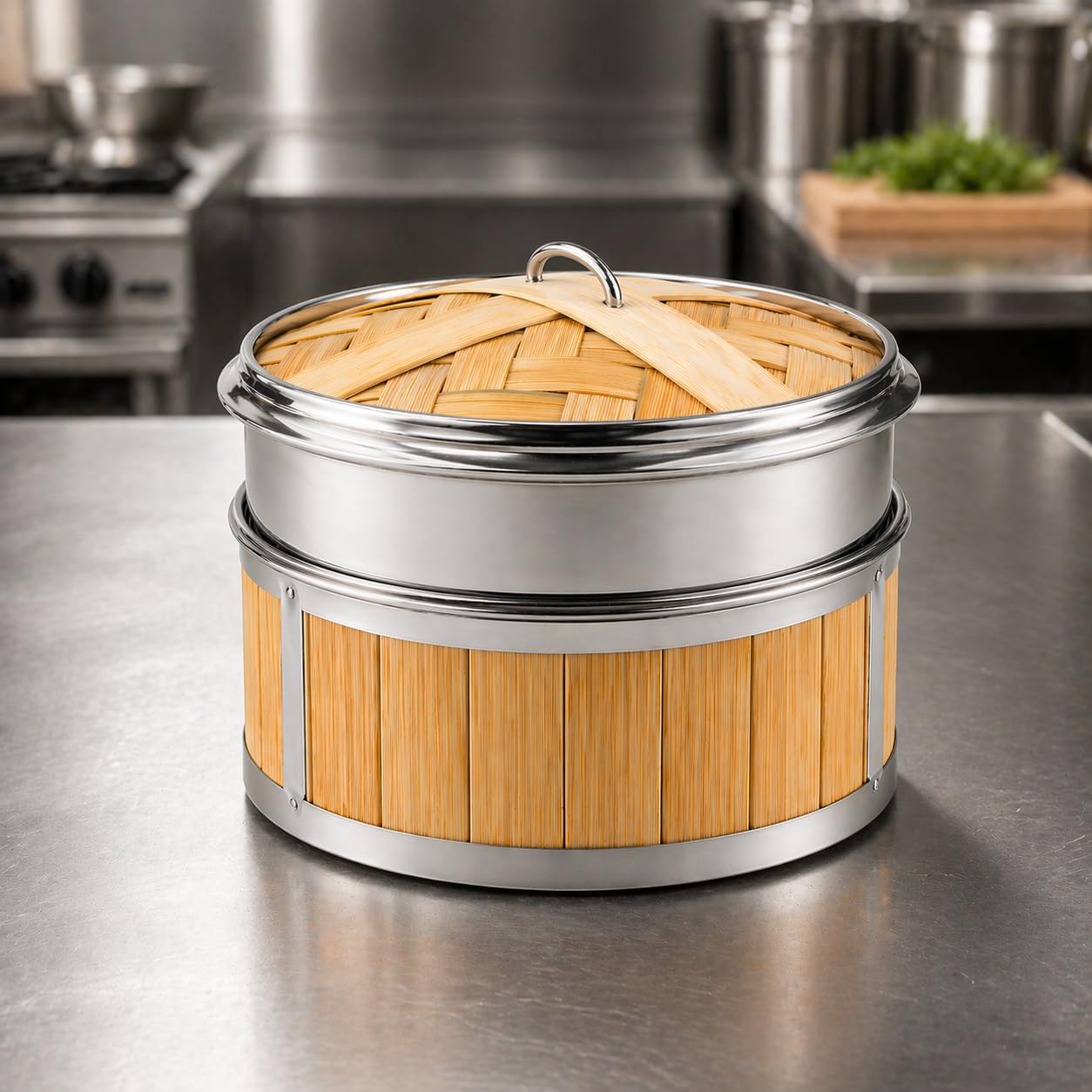 Gurubhai Equipments Bamboo Stainless Steel 16 Cm Steamer Basket with Lid – 1 Tier Round | Traditional Wooden Steamer for Momos, Dim Sum, Dumplings & Vegetables | Eco-Friendly Food Steamer for Healthy Cooking