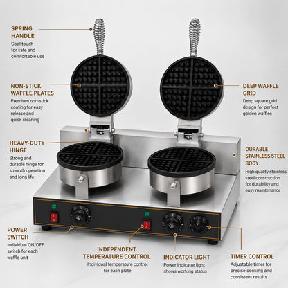 Gurubhai Equipments Double Head Round Belgian Waffle Machine, Commercial Electric Waffle Maker Machine, Professional Belgian Waffle Baker for Cafe Bakery
