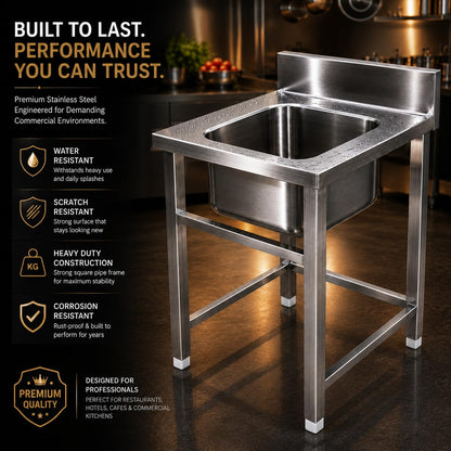 Gurubhai Equipments Stainless Steel Single Bowl Sink Unit with Backsplash | Heavy-Duty Commercial Kitchen Sink Table for Restaurants, Hotels & Catering Use