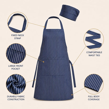 GURUBHAI EQUIPMENTS Chef Apron with Hat Set | Adjustable Kitchen Apron with Front Pocket for Men & Women | Professional Cooking Uniform for Restaurants, Cafés & Catering Use