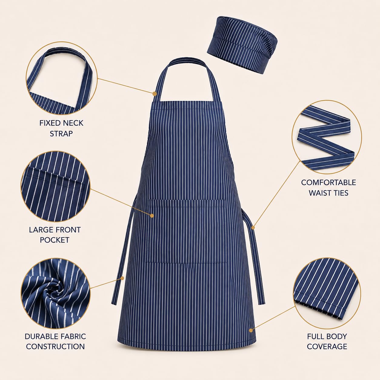 GURUBHAI EQUIPMENTS Blue Striped Chef Apron with Front Pocket | Cooking & Kitchen Apron for Men & Women | Durable Fabric Apron for Home, Restaurant & Café Use