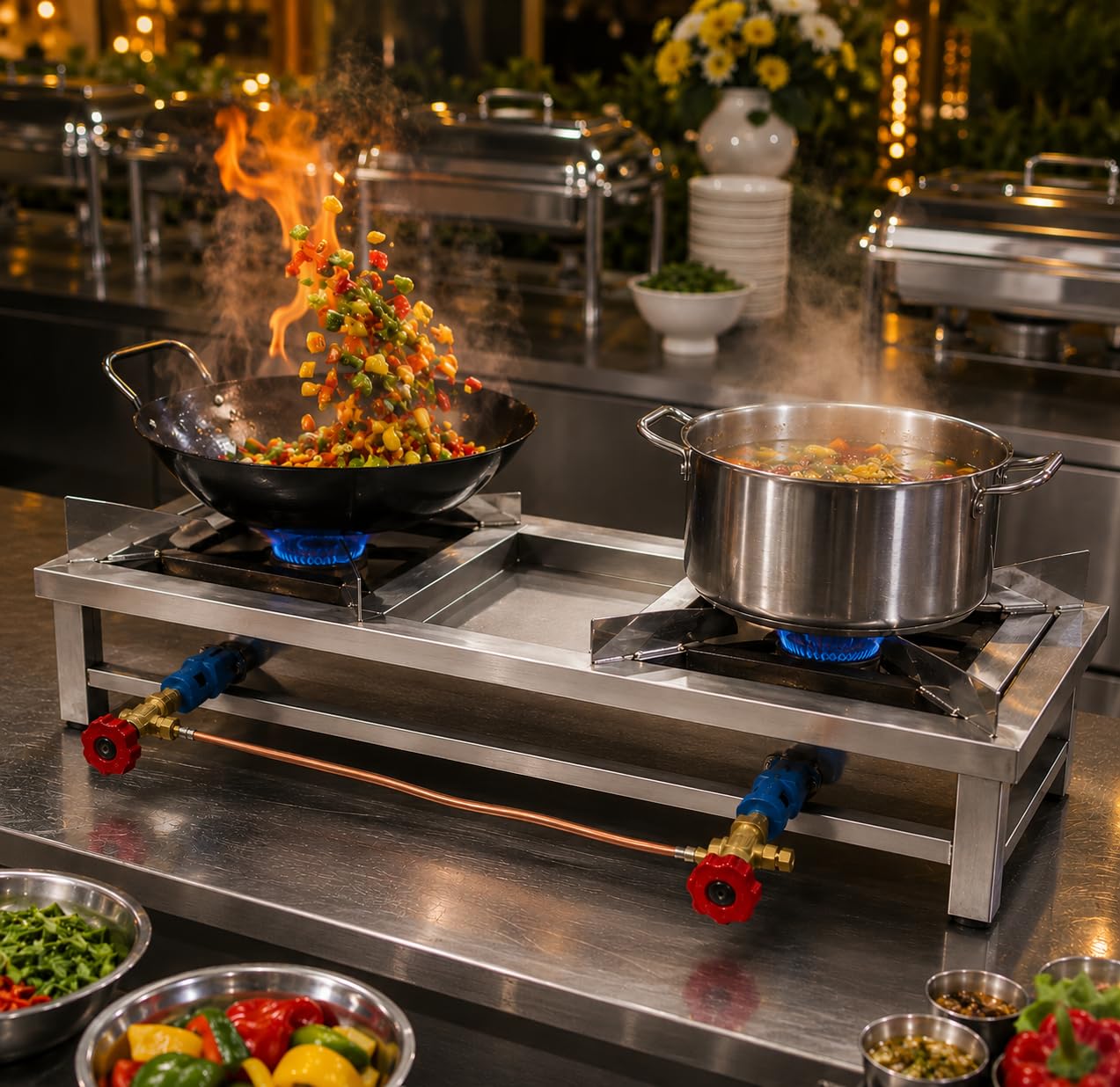 Gurubhai Equipments Double Catering Burner Commercial LPG Gas Stove Heavy Duty Cooking Range for Hotel Restaurant Catering Kitchen