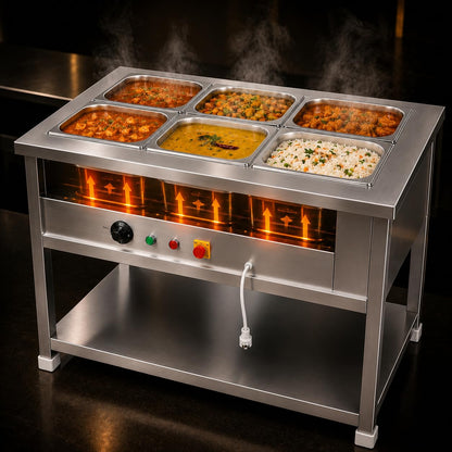 Gurubhai Equipments Electric Autocut Bain Marie Commercial Food Warmer Steam Table Buffet Counter with Undershelf for Restaurant Catering