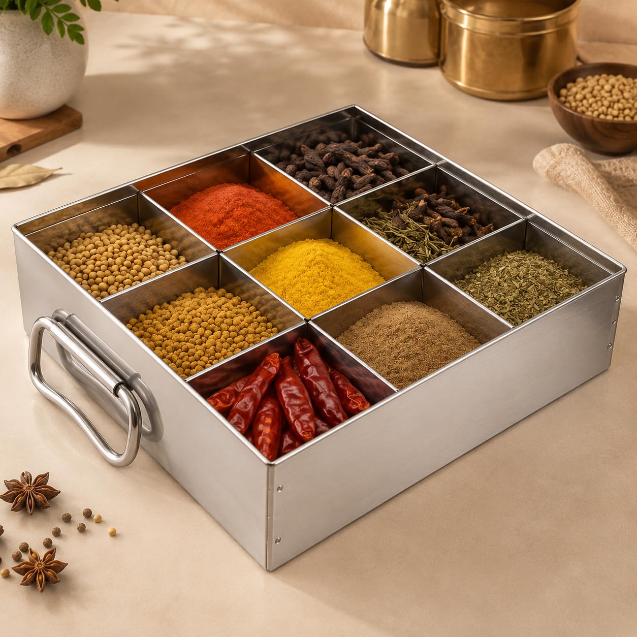 GURUBHAI EQUIPMENTS Stainless Steel Masala Peti 9 Compartments Spice Box Masala Dabba Kitchen Storage Container