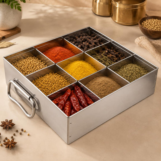 GURUBHAI EQUIPMENTS Stainless Steel Masala Peti 9 Compartments Spice Box Masala Dabba Kitchen Storage Container