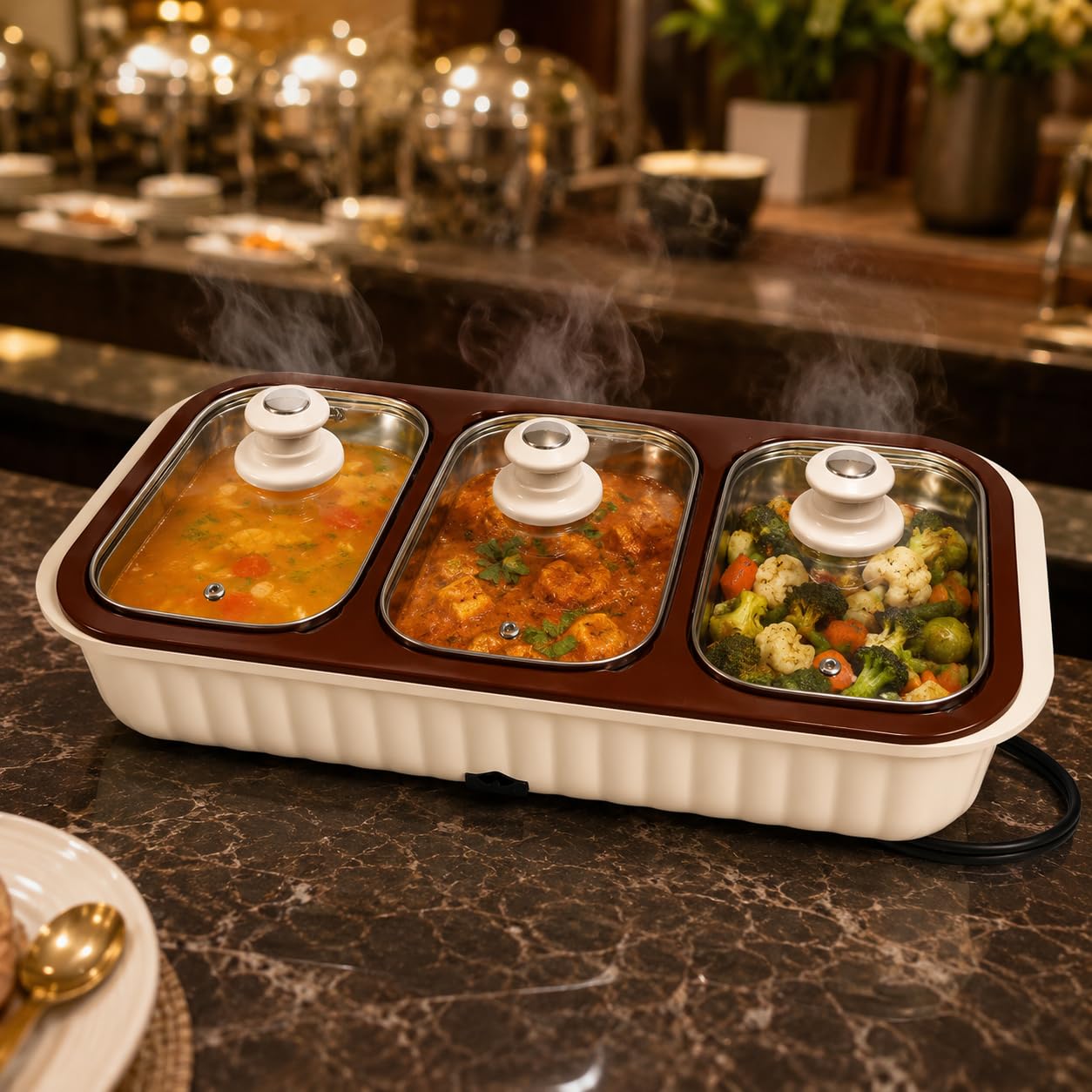 Gurubhai Equipments 3 Bowl Electrical Serving Casserole Chafing Dish,1100ml Each | Stainless Steel 3 Dish Food Buffet Server | 3 in 1 Electric Chafing Dish for Reheating Food, Beige