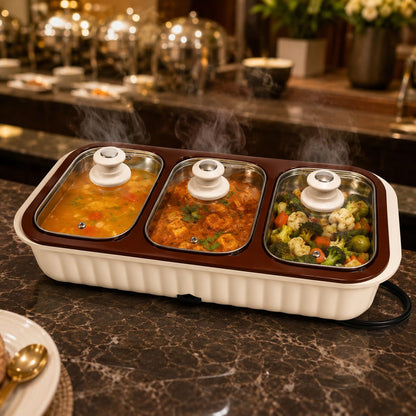Gurubhai Equipments 3 Bowl Electrical Serving Casserole Chafing Dish,1100ml Each | Stainless Steel 3 Dish Food Buffet Server | 3 in 1 Electric Chafing Dish for Reheating Food, Beige