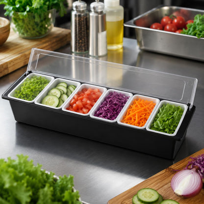 GURUBHAI EQUIPMENTS 4-Compartment Condiment Dispenser with Lid | Salad Bar Container for Restaurant, Buffet, Catering & Home Use | Food Prep Station Organizer with Removable Containers