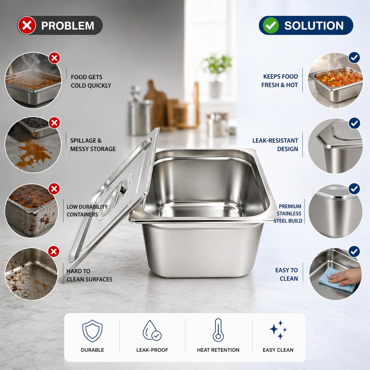 GURUBHAI EQUIPMENTS Gn Pan Food Container 1/2 100mm (4" Deep) Stainless Steel Gastronorm Pan with Lid-(Set of 1) – Easy-to-Clean Food Storage Solution for Commercial Kitchens, Catering use
