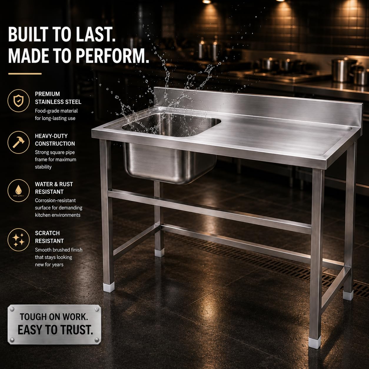 Gurubhai Equipments Stainless Steel Single Bowl Sink Unit with Backsplash | Heavy-Duty Commercial Kitchen Sink Table for Restaurants, Hotels & Catering Use